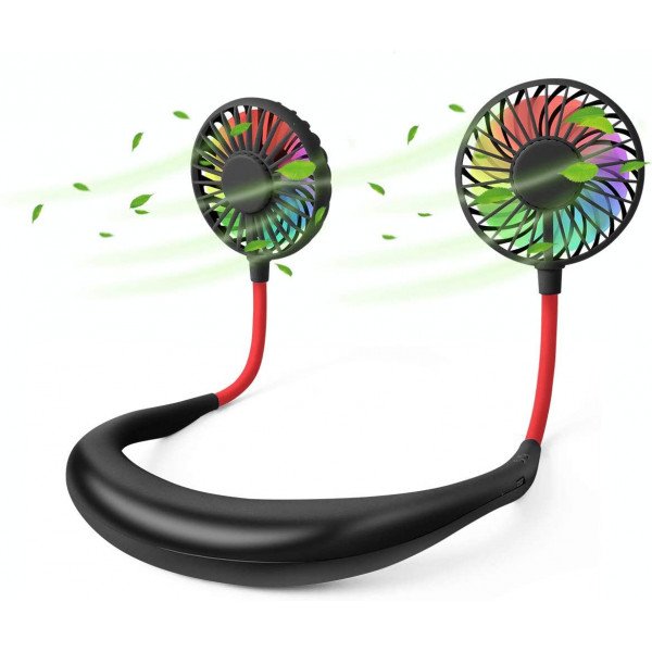 Wholesale Hand Free Mini USB Fan Rechargeable Portable Headphone Design Wearable Neckband Fan, 3 Level Air Flow, 7 LED Lights, 360 Degree Free Rotation (Black)